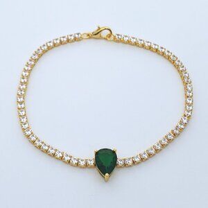 14K Gold Womens 2ct Green Emerald Teardrop Gemstone 1ct Diamond Tennis Bracelet
